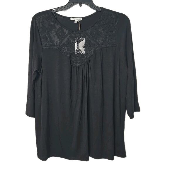 Green Envelope - Black Jersey Lace Front 3/4 Sleeve Top Size 1X - Picture 1 of 4